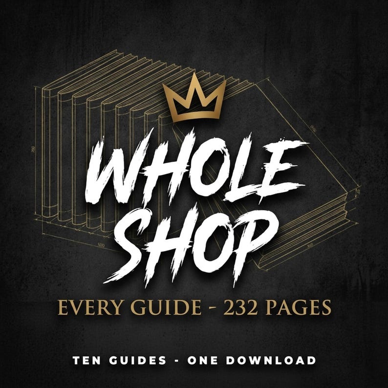 Puede incluir: Un gr&aacute;fico digital que presenta un icono de corona dorada sobre el texto blanco WHOLE SHOP. Debajo, el texto dice EVERY GUIDE - 232 PAGES y TEN GUIDES - ONE DOWNLOAD. El fondo muestra un dibujo t&eacute;cnico de l&iacute;neas de diez libros apilados.