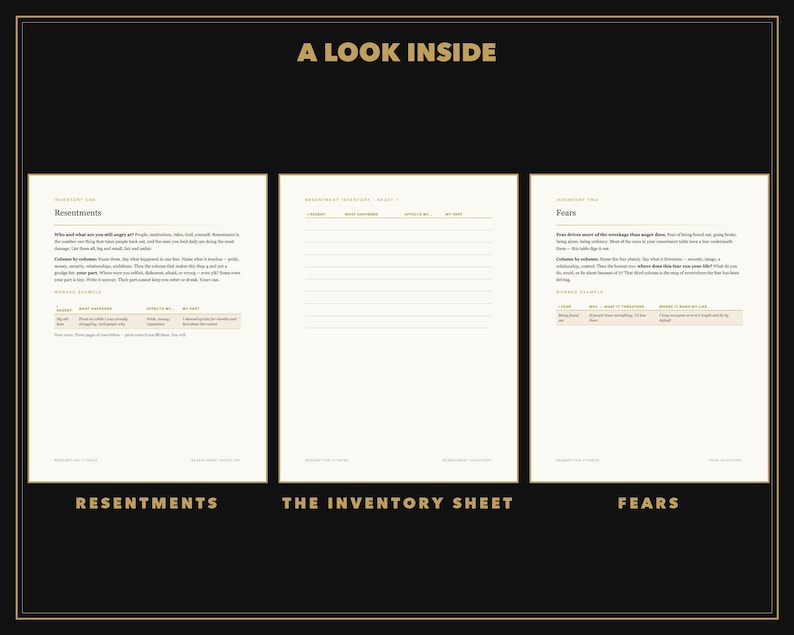 May include: Three white pages with black text titled A LOOK INSIDE. The left page is titled Resentments, the middle page is titled THE INVENTORY SHEET, and the right page is titled Fears. Each page contains structured lines and columns for personal notes.