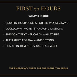 以下が含まれることがあります： FIRST 72 HOURS, WHAT'S INSIDEというタイトルの黒い情報シート。記載内容：HOUR-BY-HOUR ORDERS FOR THE WORST 3 DAYS, LOCKDOWN - MOVE - STAND UP: 3 MISSIONS, THE DON'T-TEXT-HER CARD - WALLET-SIZE, THE 3 RULES FOR DAY 4 AND BEYOND, READ IT IN 10 MINUTES, USE IT ALL WEEK。下部のテキスト：THE EMERGENCY SHEET FOR THE NIGHT IT HAPPENS。