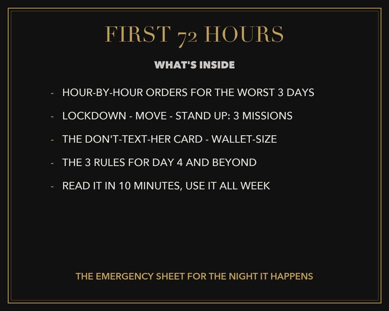 以下が含まれることがあります： FIRST 72 HOURS, WHAT'S INSIDEというタイトルの黒い情報シート。記載内容：HOUR-BY-HOUR ORDERS FOR THE WORST 3 DAYS, LOCKDOWN - MOVE - STAND UP: 3 MISSIONS, THE DON'T-TEXT-HER CARD - WALLET-SIZE, THE 3 RULES FOR DAY 4 AND BEYOND, READ IT IN 10 MINUTES, USE IT ALL WEEK。下部のテキスト：THE EMERGENCY SHEET FOR THE NIGHT IT HAPPENS。