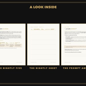 Pode incluir: Um layout de tr&ecirc;s p&aacute;ginas intitulado A LOOK INSIDE apresentando The Nightly Five, The Nightly Sheet e The Prompt Amend. Cada p&aacute;gina cont&eacute;m texto estruturado, t&iacute;tulos e se&ccedil;&otilde;es com linhas para reflex&atilde;o di&aacute;ria em um fundo creme.