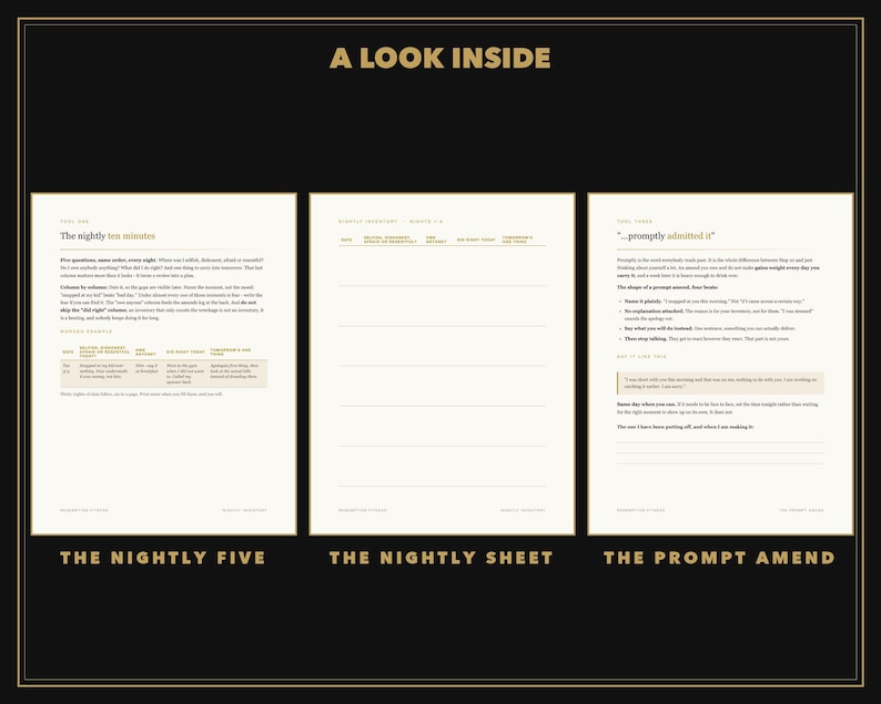Pode incluir: Um layout de tr&ecirc;s p&aacute;ginas intitulado A LOOK INSIDE apresentando The Nightly Five, The Nightly Sheet e The Prompt Amend. Cada p&aacute;gina cont&eacute;m texto estruturado, t&iacute;tulos e se&ccedil;&otilde;es com linhas para reflex&atilde;o di&aacute;ria em um fundo creme.