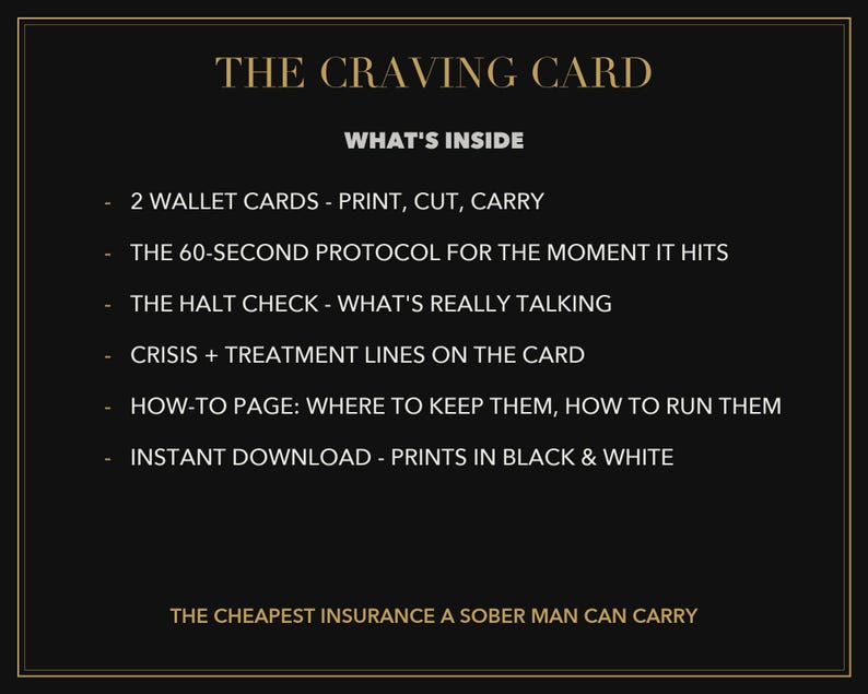 Pode incluir: Um cart&atilde;o informativo preto intitulado THE CRAVING CARD com texto dourado. Lista o conte&uacute;do: 2 cart&otilde;es de carteira, um protocolo de 60 segundos, o teste HALT, linhas de crise, uma p&aacute;gina de instru&ccedil;&otilde;es e detalhes de download. O texto inferior diz: THE CHEAPEST INSURANCE A SOBER MAN CAN CARRY.