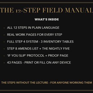 Op de afbeelding: Een zwart digitaal document getiteld THE 12-STEP FIELD MANUAL met gouden tekst. Het bevat een lijst met inhoud, waaronder 12 stappen in begrijpelijke taal, werkpagina's, een systeem voor stap 4, een lijst voor stap 8 en 43 printbare pagina's.