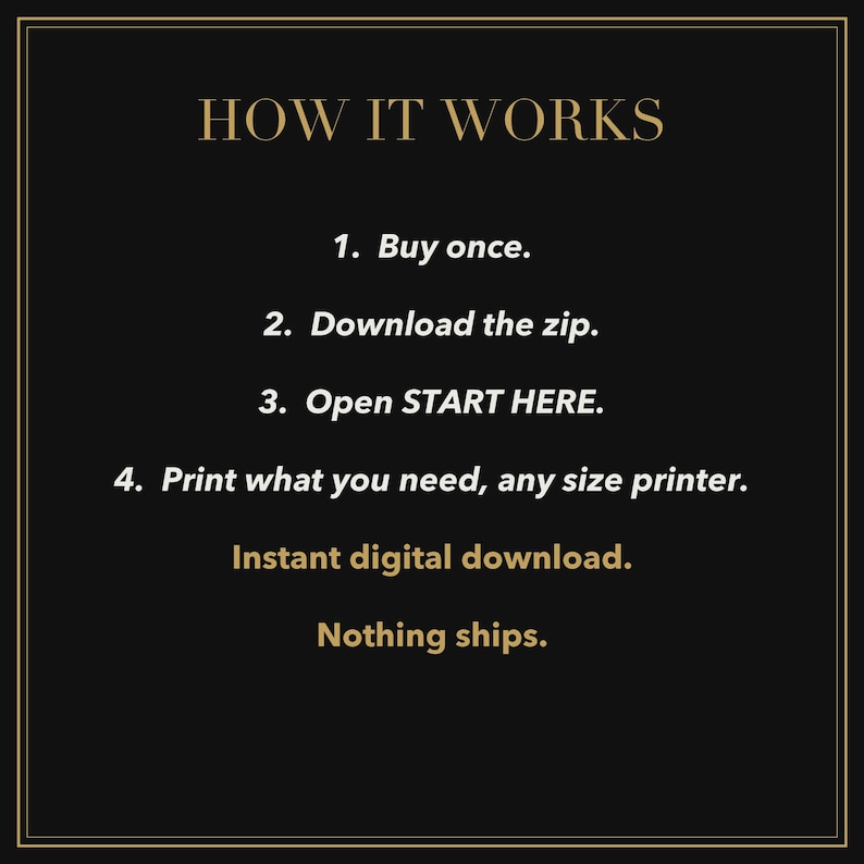 Puede incluir: Un gr&aacute;fico informativo negro con texto dorado que dice: HOW IT WORKS. 1. Buy once. 2. Download the zip. 3. Open START HERE. 4. Print what you need, any size printer. Instant digital download. Nothing ships. El texto est&aacute; enmarcado por un borde dorado.