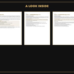 Puede incluir: Un documento titulado A LOOK INSIDE que presenta tres p&aacute;ginas blancas con texto negro. Las p&aacute;ginas est&aacute;n etiquetadas como Read this first, Week 1 - SURRENDER (Days 1-7) y Week 3 - CHARACTER (Days 15-21), conteniendo texto instructivo y listas numeradas.