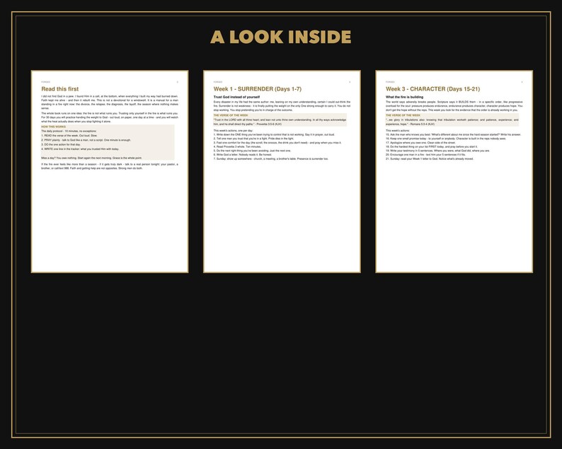 Puede incluir: Un documento titulado A LOOK INSIDE que presenta tres p&aacute;ginas blancas con texto negro. Las p&aacute;ginas est&aacute;n etiquetadas como Read this first, Week 1 - SURRENDER (Days 1-7) y Week 3 - CHARACTER (Days 15-21), conteniendo texto instructivo y listas numeradas.
