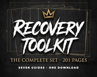 May include: A digital document set titled RECOVERY TOOLKIT in white brush-style lettering with a gold crown icon above. The text THE COMPLETE SET - 201 PAGES and SEVEN GUIDES - ONE DOWNLOAD appears below, set against a dark background with technical lines.