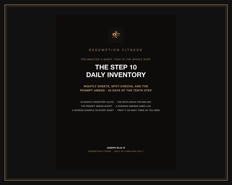 Pode incluir: Um documento informativo preto intitulado The Step 10 Daily Inventory da Redemption Fitness. Inclui texto sobre folhas noturnas, verifica&ccedil;&otilde;es pontuais, o script de emenda r&aacute;pida, um registo de emendas pendentes e um exemplo pr&aacute;tico.
