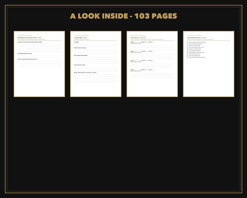 Puede incluir: Cuatro p&aacute;ginas blancas de un documento de 103 p&aacute;ginas con texto y l&iacute;neas en negro. Las p&aacute;ginas se titulan My Relapse Prevention Plan, Trigger Map, Craving Log y Coping Skills Library, cada una con indicaciones estructuradas y casillas.