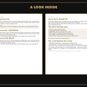 以下が含まれることがあります： A LOOK INSIDEというタイトルの2ページの文書で、30日間の別れプロトコルの説明テキストが記載されています。ページには、Read this first、Hours 0-24: LOCKDOWN、Hours 24-48: MOVE、Hours 48-72: STAND UP、Day 4 and beyondという見出しのセクションが含まれています。