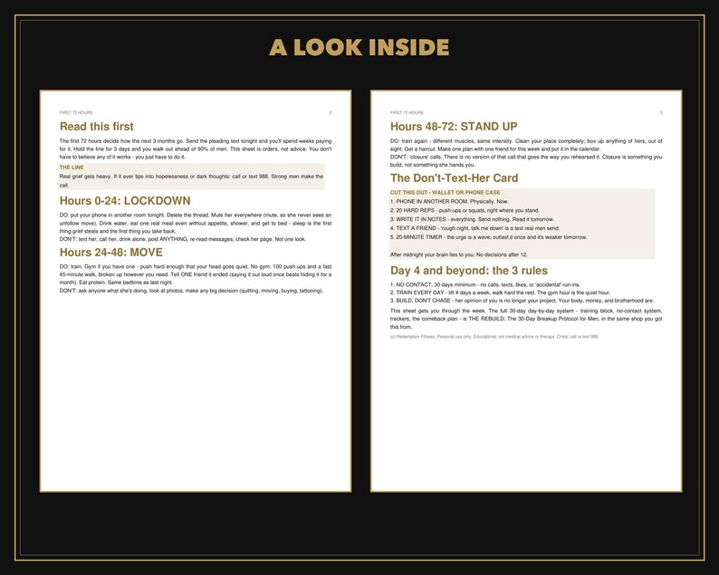 以下が含まれることがあります： A LOOK INSIDEというタイトルの2ページの文書で、30日間の別れプロトコルの説明テキストが記載されています。ページには、Read this first、Hours 0-24: LOCKDOWN、Hours 24-48: MOVE、Hours 48-72: STAND UP、Day 4 and beyondという見出しのセクションが含まれています。