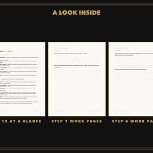 Op de afbeelding: Drie witte pagina's uit een werkboek tegen een zwarte achtergrond. De linkerpagina is getiteld 'The twelve, at a glance' met een genummerde lijst. De middelste en rechterpagina's zijn getiteld 'Step 1 work pages' en 'Step 4 work pages' met lijnen.