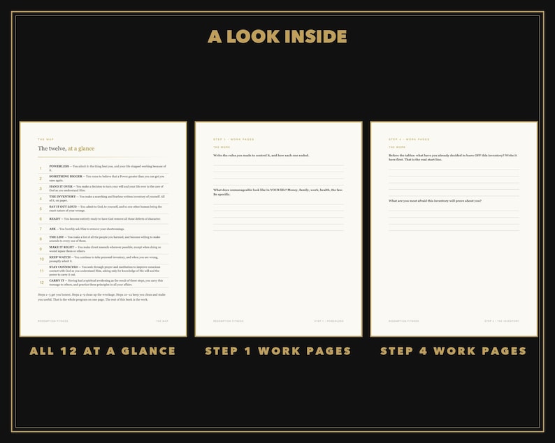 Op de afbeelding: Drie witte pagina's uit een werkboek tegen een zwarte achtergrond. De linkerpagina is getiteld 'The twelve, at a glance' met een genummerde lijst. De middelste en rechterpagina's zijn getiteld 'Step 1 work pages' en 'Step 4 work pages' met lijnen.