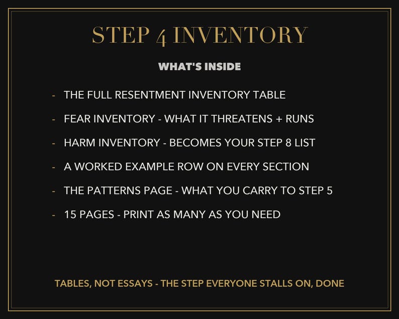 May include: A black informational graphic with gold text titled STEP 4 INVENTORY. It lists contents including The Full Resentment Inventory Table, Fear Inventory, Harm Inventory, a worked example row, the patterns page, and 15 printable pages.