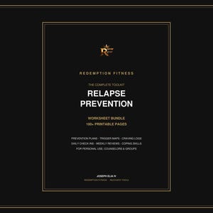 Puede incluir: Un documento negro con bordes dorados y el texto Redemption Fitness, The Complete Toolkit, Relapse Prevention, Worksheet Bundle, 100+ Printable Pages, Prevention Plans, Trigger Maps, Craving Logs, Daily Check-ins, Weekly Reviews, Coping Skills.