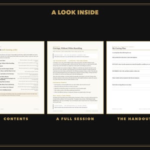 May include: Three white pages with black text titled A LOOK INSIDE. The first page lists Contents and running order. The second page details a session titled Cravings, Without White-Knuckling. The third page is a handout titled My Craving Plan.