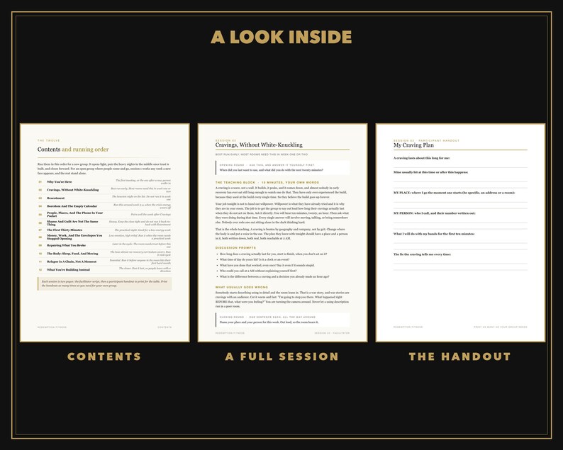 May include: Three white pages with black text titled A LOOK INSIDE. The first page lists Contents and running order. The second page details a session titled Cravings, Without White-Knuckling. The third page is a handout titled My Craving Plan.