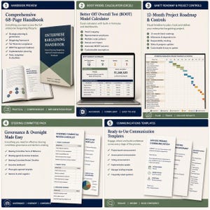 May include: A five-part digital resource set for enterprise bargaining, featuring a 68-page handbook, an Excel BOOT model calculator, a 12-month Gantt project roadmap, a steering committee pack with checklists, and ready-to-use communication templates.