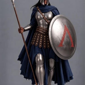 Puede incluir: Una figura de guerrero con casco de metal plateado con cresta azul, coraza y grebas de plata. La figura lleva una capa azul oscuro, un cinturón de cuero marrón con tachuelas metálicas y sandalias marrones. Sostiene una lanza y un escudo redondo con un símbolo lambda rojo.