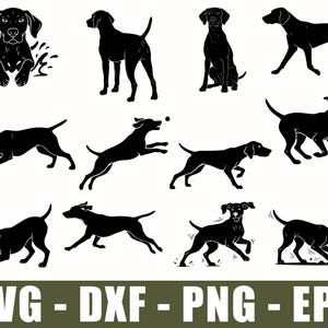 May include: A collection of twelve black silhouettes of dogs in various poses, including jumping, running, sitting, and playing. The bottom of the image features the white text SVG - DXF - PNG - EPS, representing digital file formats for these designs.