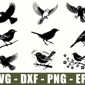 May include: A collection of nine black and white bird illustrations featuring various poses including birds in flight, perched on branches, and singing. The set includes graphic designs with the text ZING and WHOOSH near one bird.