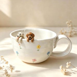 Könnte beinhalten: Ein weißer Keramikbecher mit einem handgemalten Muster aus kleinen, bunten Blumen. Zwei kleine, dreidimensional geformte Hundefiguren, eine cremefarbene und eine braune, sind am inneren Rand befestigt und scheinen über den Rand zu schauen.