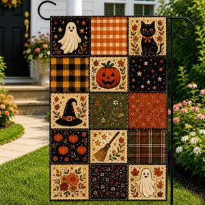 May include: A rectangular garden flag featuring a patchwork design of fifteen squares. The squares display Halloween motifs including ghosts, a black cat, a jack-o'-lantern, a witch hat, a broom, pumpkins, and various floral and plaid patterns.