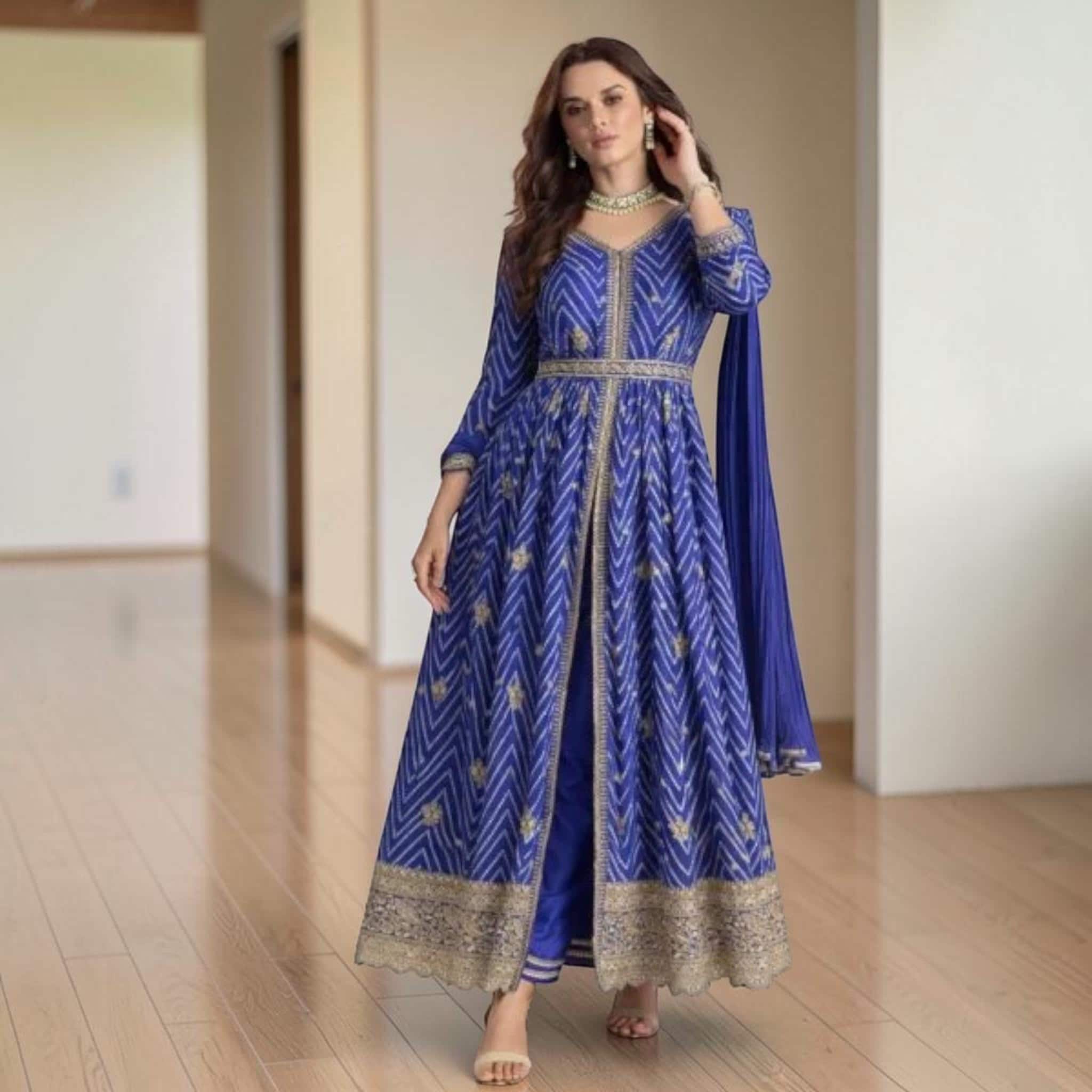 front cut anarkali dress Slit Black Size:3XS Straps & Sleeves_Long Sleeve Long Bodycon Dress with A stunning pink anarkali