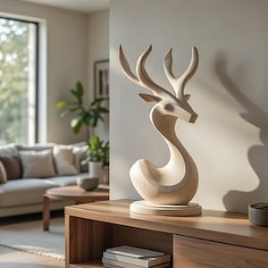 Hirschskulptur aus Holz, moderne Hirschstatue, geschnitzter Hirsch als Dekoration, rustikale Tierfigur, Wald-Dekoration für Zuhause, Naturgeschenk