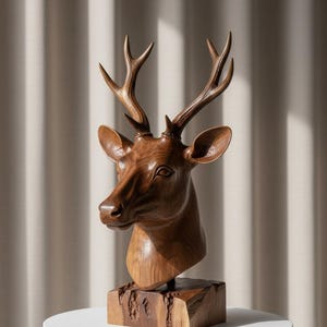 Carved Wood Stag Head Sculpture, Rustic Deer Bust, Woodland Home Decor (16.5" H)