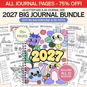 Op de afbeelding: Een 2027 journal-bundel met een spiraalgebonden kaft met een kleurrijke illustratie van een bloem, een gieter en een regenboog. De tekst luidt 2027 BIG JOURNAL BUNDLE, 176+ PAGES en INCLUDES ALL 12 MONTHS. Bevat diverse zwart-wit printbare pagina's.