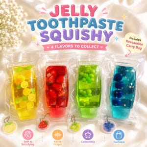 May include: Four jelly toothpaste squishy toys in clear plastic tubes, each featuring different fruit-themed fillings: yellow lemon slices, red strawberries, green grapes, and blue blueberries with star accents. Includes a resealable carry bag.