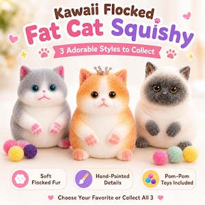 May include: Three flocked cat figurines with soft textures and hand-painted details. The cats are gray, orange with a small crown, and Siamese-style. Text reads: Kawaii Flocked Fat Cat Squishy, 3 Adorable Styles to Collect, Soft Flocked Fur, Hand-Painted Details, Pom-Pom Toys Included, Choose Your Favorite or Collect All 3.