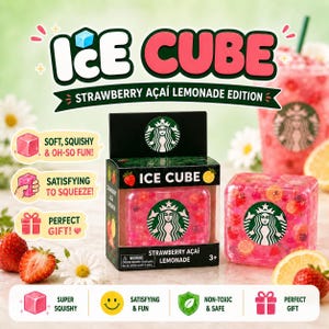 May include: A squishy, translucent pink cube toy featuring the Starbucks siren logo, filled with small strawberry and lemon slices. It comes in a black box labeled ICE CUBE STRAWBERRY AÇAI LEMONADE EDITION with the Starbucks logo and safety warnings.