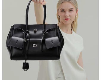 Minimalist Black Leather Tote Bag, Large Office Work Bag, Spacious Travel Shoulder Bag