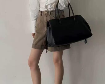 Minimalist Black Leather Tote Bag, Large Capacity Soft Leather Bag, Office Work Travel Everyday Leather Tote Bag for Women