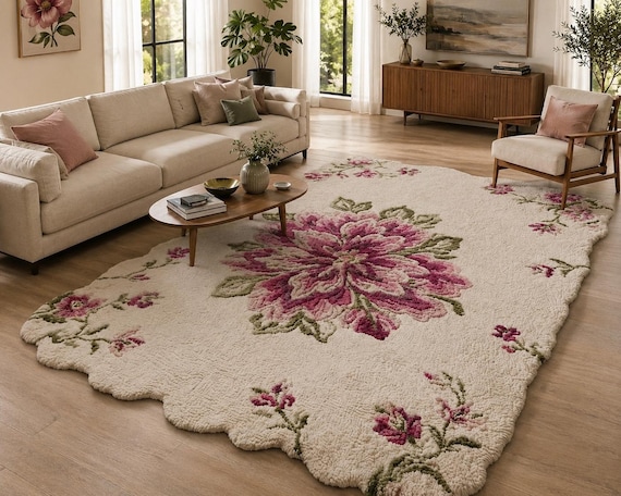 Cream Floral Area Rug, Pink Botanical Carpet, Cottage Style Scalloped Edge Decor