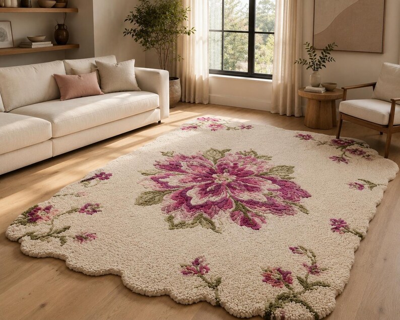 Krämfärgad blommig matta, rosa botanisk matta, dekor i lantlig stil med vågiga kanter bild 8