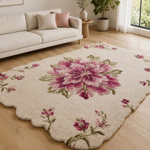 Krämfärgad blommig matta, rosa botanisk matta, dekor i lantlig stil med vågiga kanter bild 2