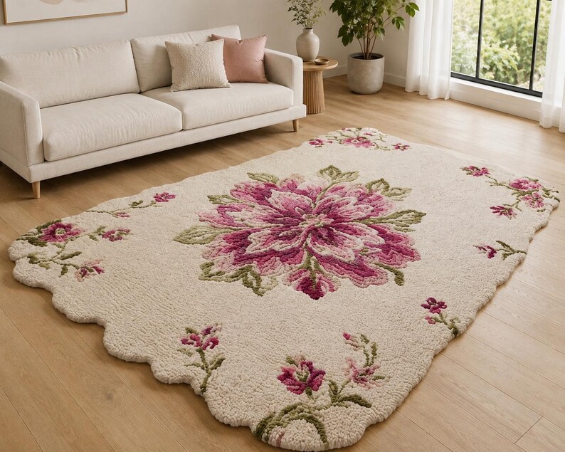 Krämfärgad blommig matta, rosa botanisk matta, dekor i lantlig stil med vågiga kanter bild 2