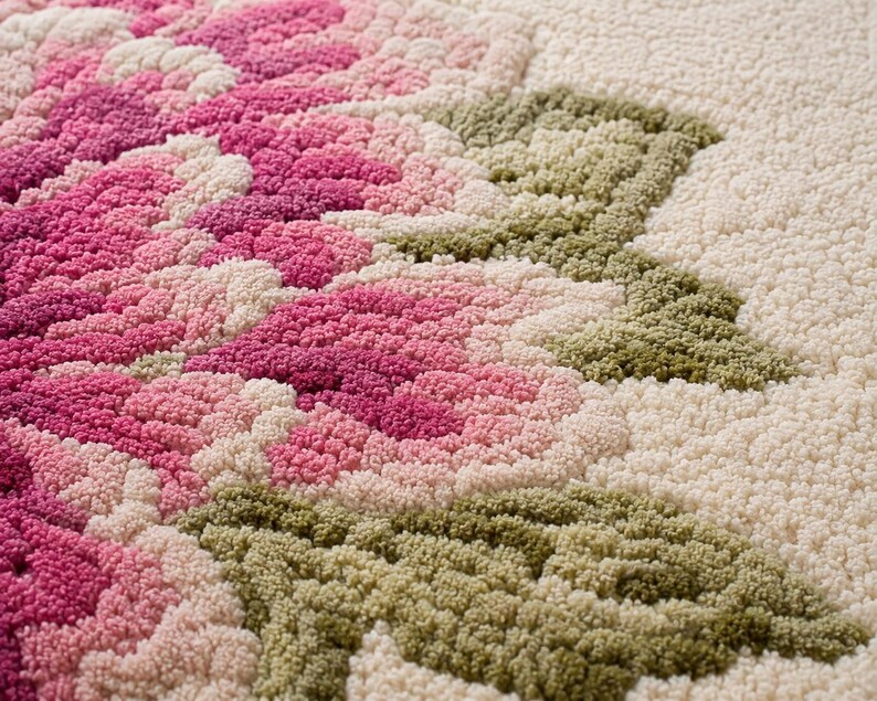 Krämfärgad blommig matta, rosa botanisk matta, dekor i lantlig stil med vågiga kanter bild 10