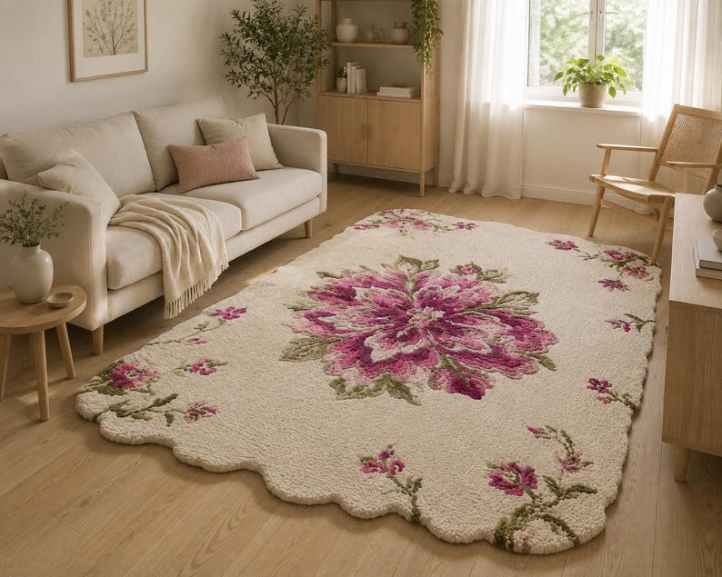 Krämfärgad blommig matta, rosa botanisk matta, dekor i lantlig stil med vågiga kanter bild 5