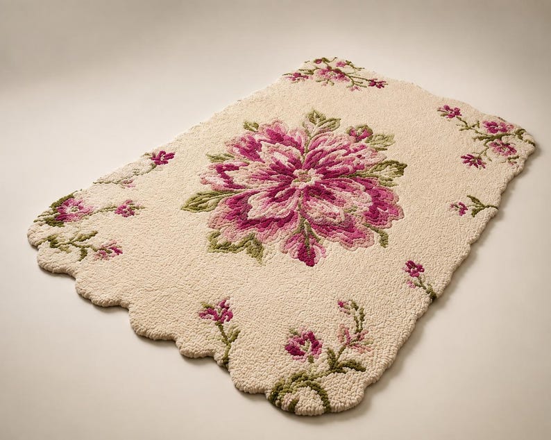Krämfärgad blommig matta, rosa botanisk matta, dekor i lantlig stil med vågiga kanter bild 7