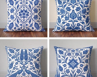 Blue White Floral Pillow Cover, Ottoman Cushion, Chinoiserie Botanical Accent, Delft Blue