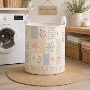Quiltad tvättkorg i pastellmönster | Förvaringslåda för leksaker i blommig regnbågsfärg | Hopfällbar klädkorg | Present till nybliven mamma för babyshower