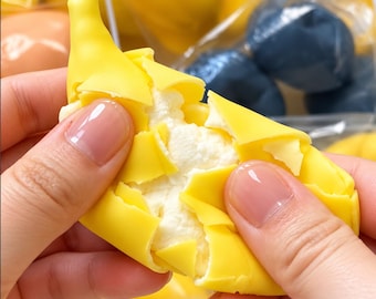 Fruit Wax Cracking Squishy Set of 4, Crunchy ASMR Sensory Fidget Toy, Peach Banana Mango Yellow Peach Durian