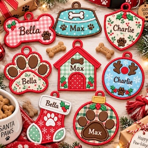 Weihnachts-Haustieranhänger-Set, Stickvorlage „Hundeknochen-Pfotenornament“ (im Stickrahmen), personalisierter Haustieranhänger, Hundegeschenk, PES-, DST- und JEF-Dateien, Sofort-Download