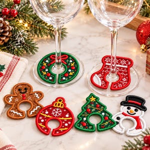 ITH Christmas Wine Glass Stem Charms Embroidery Design, Holiday Wine Glass Markers Embroidery File, Christmas Machine File, Instant Download