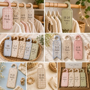 Op de afbeelding: Een collectie rechthoekige stoffen kledingverdelers voor baby's met haken, voorzien van diverse patronen zoals ruitjes, bloemen en stippen. Elke verdeler is geborduurd met leeftijden van pasgeborene tot 24 maanden en een klein hartje.